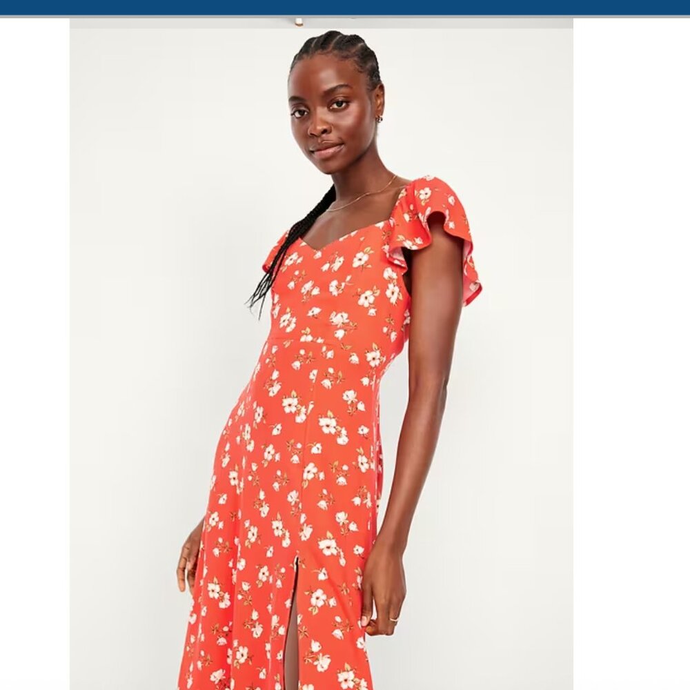 Old Navy Flutter Sleeve Crepe Midi Dress XL Red Floral Slit Smocking Sweetheart